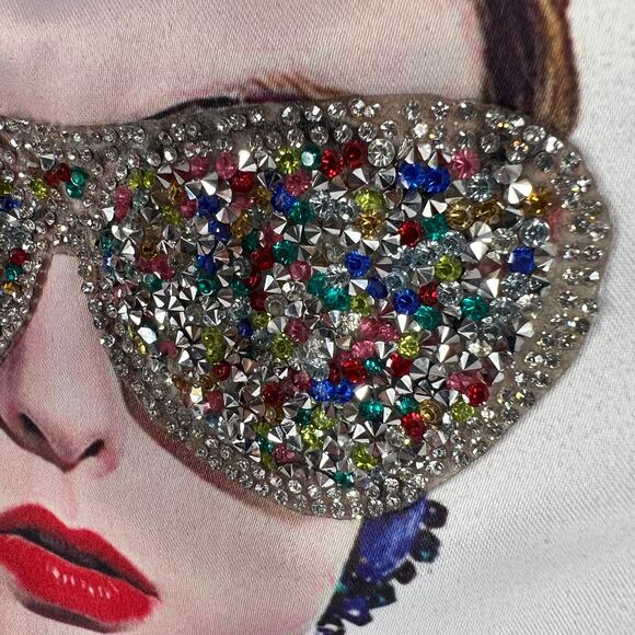 Occasion Sheer Top Bejeweled Graphic Woman Small Sheer Black Mesh Portrait Glam - Picture 3 of 9